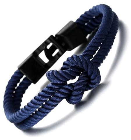HALUKAKAH ● SAIL ● Men's Nylon Rope Cord Bracelet Infinity Loop Dark Blue Handmade Gun Black Clasp 8.26/21cm with Free Giftbox