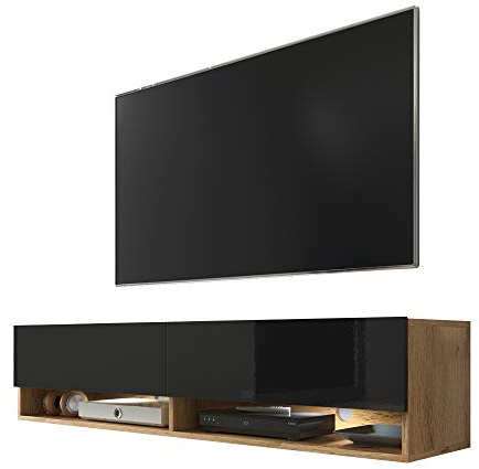 Selsey Wander - TV-Board/Fernsehschrank für Wohnzimmer hängend/stehend, optional mit LED, 140 cm (Holzoptik Wotan Eiche/Schwarz Hochglanz, mit LED)