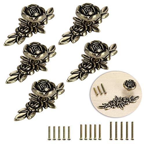 BSTKEY 5 Packs Rose Drawer Knobs Pull Handles for Cupboard Cabinet Wardrobe Chest with Plate, Decorative Furniture Knob for Home (100mm, Antique Bronze)