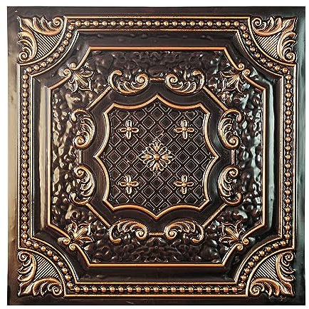 Tin Ceiling Panels,Peel and Stick Tin Ceiling Tiles Distressed,Faux Tin Glue up/Drop in,PL04 Traditonal Copper,10Piece
