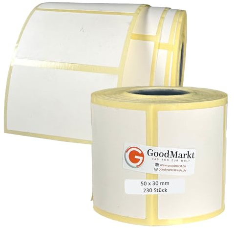 GoodMarkt Thermodirekt Etiketten selbstklebend | 50x30 mm 1 Rolle, weiß, 230 Etiketten | Kompatibel mit Brother, Zebra | Haushaltsetiketten, Barcodeetiketten, Marmeladenetiketten