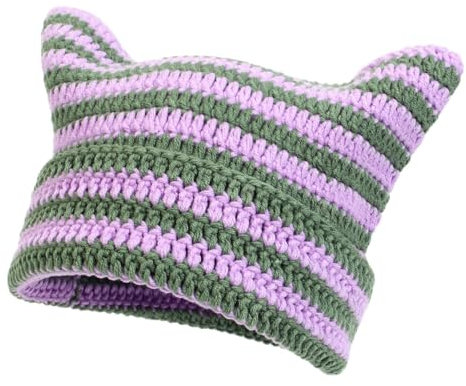BISONBLUE Strickmütze Damen Mütze Frauen Wintermütze Caps Beanie Hats Herbst Und Winter Wollmütze, Gestreifte Katzenmütze, Handgefertigt, Gestrickt, Personalisierte Wärme-Pullover-Mütze