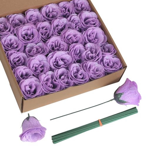 ICBOX Glitter Roses Bouquet,30PCS Fake Purple Roses Glitter Flowers for Crafts Wedding Bouquet Home Decoration(Lilac)