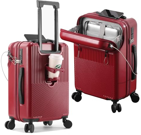 lesulety Small Suitcase With Wheels Front Opening Medium Suitcases Polycarbonate Hard Shell Suitcases With Lock，Laptop Compartment，Hand Luggage With Cup Holder And Usb Charging Port (Red, 20in)