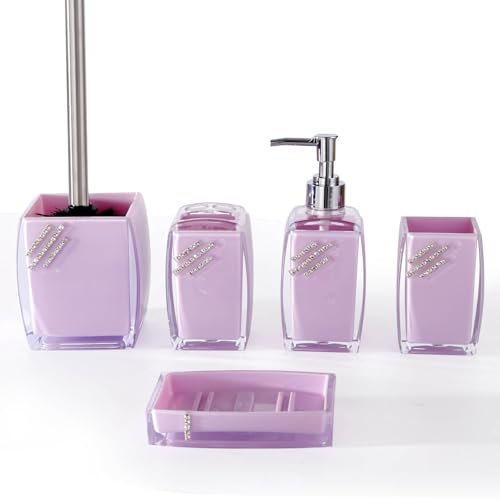 Purple Bathroom Accessories set,Soap Dispenser,Soap Dish,Toothbrush Holder, Tumbler,Toilet Brush and Holder, Acrylic Bathroom Accessories Set Complete, Modern Bathroom Décor, Gift for Home (Purple)