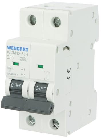 Wengart MCB WGM12-63H - Disjoncteur AC230V 50A 2P 10kA B-Char, convient pour les appareils ménagers et les circuits d'éclairage - Convient pour les boîtes de distribution