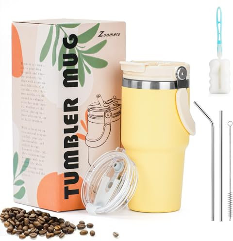 Zoomers Mug Isotherme Cafe avec Paille Inox et Poignée.Tasse Isotherme Cafe Paille avec 2 Couvercle Anti-Fuite.Gobelet Isotherme pour Boissons Chaudes et Glacé.Gobelet Smoothie/Cafe 600ml