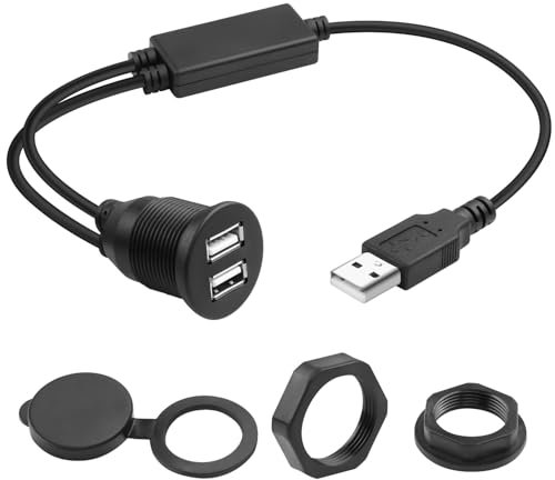 QIANRENON USB 1 to 2 Eingebettet Montage Adapter Kurzes Kabel USB2.0 Stecker auf 2 USB2.0 Buchsen Gewinde Festes Panel Montage Anschluss, mit Chip,Gleichzeitige Datenübertragung Aufladen,35cm/13.8in