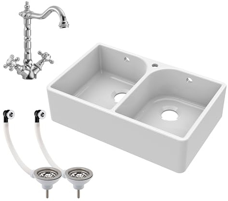 Balterley 795mm Butler Sink Double Bowl with Mono French Classic Crosshead Mixer Tap & Wastes with Overflow, Durable Butler White Ceramic Kitchen Sink, Double Bowl Flush Weir (White/Chrome)