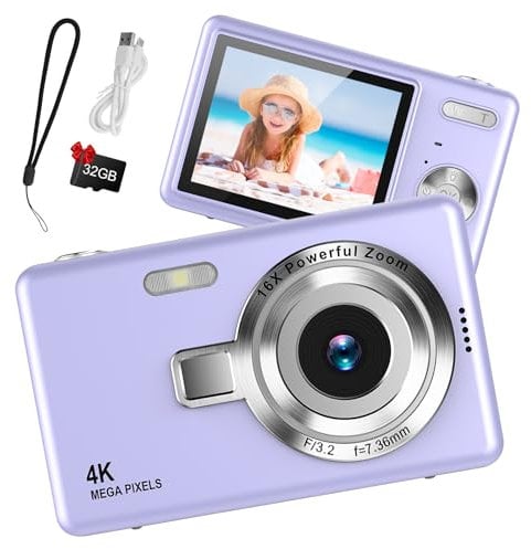 Digital Camera 1080P FHD 44MP with 2.4 LCD Screen,16X Digital Zoom, Compact Portable Vlogging Camera with 32gb SD Card for Kids Teen Students Beginner (Purple)