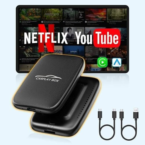 Wireless Carplay Adapter and Android Auto Wireless Support Netflix/YouTube/TF Card,Carplay Wireless Adapter with USBA-C and USBC-C Cables for iPhone Android