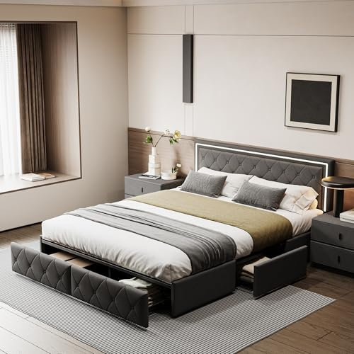 LONELYO lit Coffre 140x200 avec Sommier, Lit Double avec 4 Tiroirs de Rangement et LED, Tete de Lit et éclairage LED, sommier 140x200, Lin (Gris, 140x200cm)