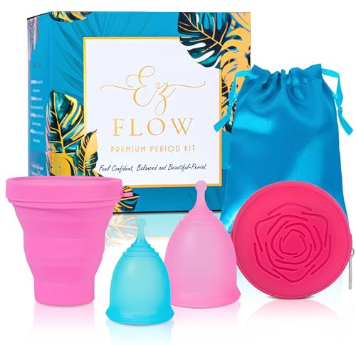 EZ Flow Menstrual Cup Kit – 2 Reusable Period Cups (Small & Large), Foldable Steriliser Cup, Rose Pouch, Cotton Bag – Beginner Friendly, Soft & Comfortable