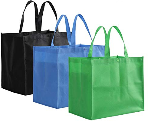Tosnail 12 Pack Large Reusable Grocery Tote Bag with Handles Durable Foldable Non-Woven Shopping Bags - 3 Colors