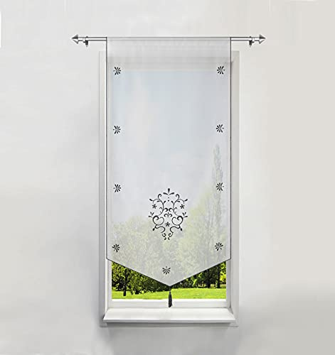 BAILEY JO Rideau Voilage Brise-bise en Polyester Broderie Fleurs Gris LxH/40x90CM avec Pompon Rideaux Courts Décoration de Fenêtre Chambre/Salle de Bain/Café/Cuisine