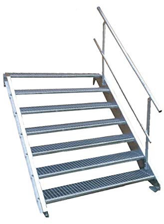 7 Stufen Stahltreppe mit einseitigem Geländer/Breite 70cm Geschosshöhe 100-140cm / Robuste Außentreppe/Wangentreppe/Stabile Industrietreppe für den Außenbereich/Inklusive Zubehör