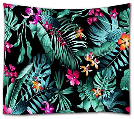A.Monamour Wandteppiche Exotische Tropische Monstera Blätter Palmblätter Floral Botanisch Schwarzer Hintergrund Textil Stoff Wandbehang Tapisserie Vorhänge Tischdecke Bettdecke Strandtuch 102x153cm