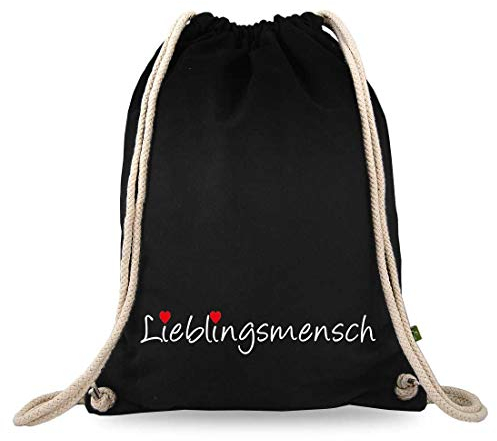 Turnbeutelliebe® Turnbeutel mit Spruch - lustige Motive & Sprüche - Bedruckt - Baumwolle schwarz - Sportbeutel - Rucksack - ca. 12 Liter - 37 x 46 cm (Lieblingsmensch)