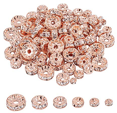 PandaHall 120 Stück Rondelle Perlen Roségold Strass Abstandhalter Perlen Messing Kristall Rondelle Strass Spacer Perlen zum Auffädeln Zwischenperlen für Schmuckherstellung, 4/5/6/7/8/10mm