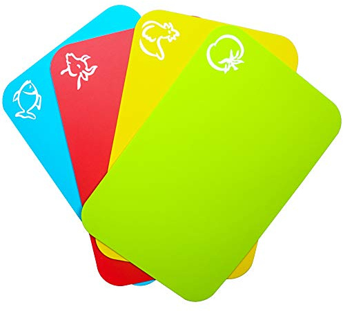 Carrollar Small Flexible Plastic Cutting Board Mats, Cutting Boards Mats With Food Icons, Gripped Back and Dishwasher Safe, Set of 4 (7.5x11.4inch)