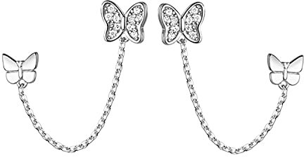 Reffeer Ohrstecker aus massivem 925er-Sterlingsilber, doppelte Löcher, CZ, Schmetterlingskette, zwei Schmetterlings-Manschetten-Kletterohrringe für Frauen, Ohrringe (A-Silber)