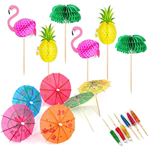 OMIGA 70 Stücke Cocktail Dekoration Drink Dekoration Spieße 3D Flamingo Ananas Papier Palme Geeignet für Partys Geburtstagsbars Getränke Usw (Mehrfarbig)