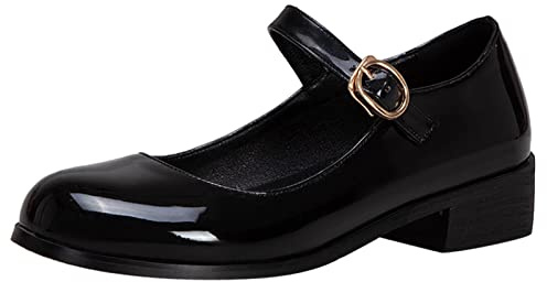Lizoleor Mary Janes Femme Talon Carré Bout Rond Bride Cheville Boucle Fille Salon Décontractée Classique Vernis Ecole Noir Taille 44 EU/46CN