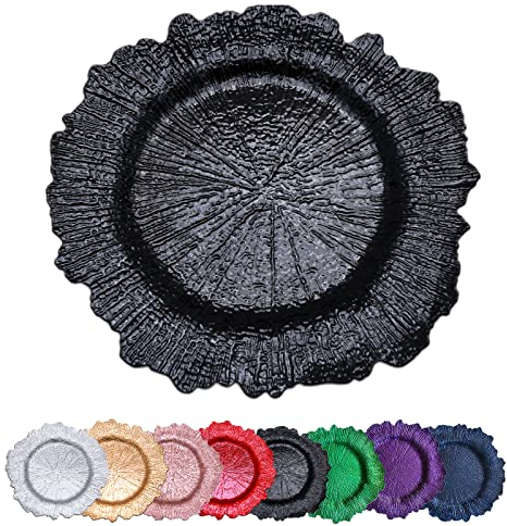 DaCakeWS Black Reef - 10 sottopiatti in plastica con motivo floreale, 33 cm, per matrimoni, cene, feste, eventi, decorazioni (Reef Black 10)