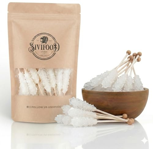 SIVIFOOD® Kandiszucker Sticks Natur [10 Stück] – Natürlicher weißer Kandis am Stiel – Edle Kandiszucker Sticks für Tee & Kaffee – Klassische Kandissticks aus Kristallzucker (Nabat) zum Genießen