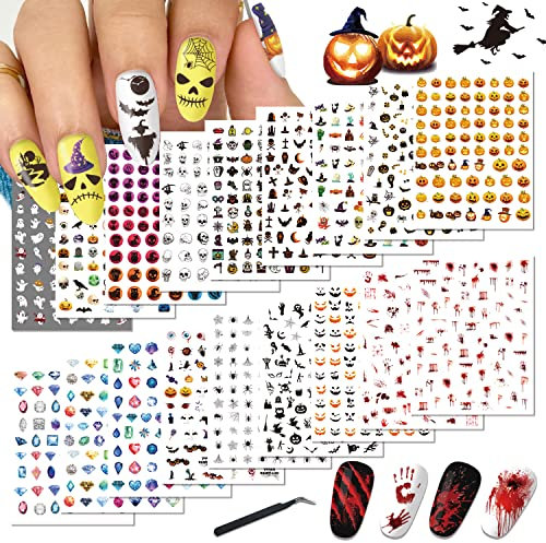 BASIFA 18 Blätter Nagelsticker, Halloween Nagelsticker Selbstklebend Kürbisfledermaus Geisterhexe Schädel Kratzer Nageldesign Nail Sticker Nagelaufkleber für Frauen Mädchen und Kinder Nagelkunst
