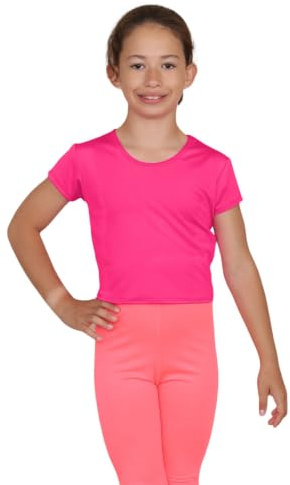 janisramone® Girls Short Sleeve Tee Shirts, Stretchy Microfiber Round Neck Crop Tops for Girls, Plain Summer Top, Kids Running Yoga Playing Active Sports Wear Cropped T-Shirt
