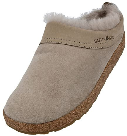 HAFLINGER Lammfellclog Snowbird Filzpantoffel Hausschuh Beige (Sahara 50), Gr 41