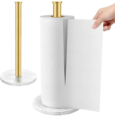 Jesginboo Kitchen Roll Holder Free Standing, Stainless Steel Paper Towel Holder Stand with Marble Base Countertop Paper Towel Dispenser for Standard and Large Size Rolls, Golden
