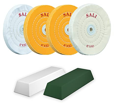 SALI 4er Pack Polierscheiben Set für Bohrmaschine & Polierbock 150mm Schwabbelscheiben mit Polierpaste Kit Für Metalle & Holz Gelbe, Weiße Baumwolle & 50-lagige Baumwolle Polierscheiben