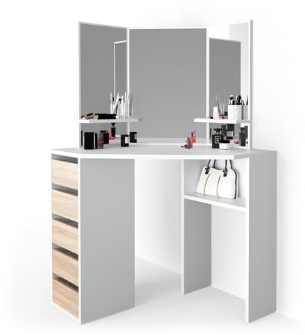 Vicco Eckschminktisch Weiß/Sonoma Arielle 110x141.5x54 cm - Frisiertisch für die Ecke, Spart Platz und nutzt Zimmerecken optimal aus