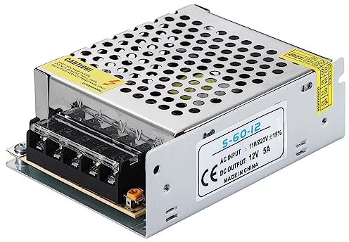 Greluma 1PC Adaptador de fuente de alimentación de 12V, 5A, 60W, transformador de conmutación regulado universal AC 110 V/220 V a DC 12V 5A Convertidor LED para tira de luz LED, sistema de seguridad