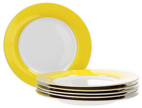 van Well Vario Speiseteller-Set 6-teilig - Tafel-Service für 6 Personen - flache Ess-Teller mit Ø 26,5cm - Porzellan-Service weiß mit Rand in Gelb - Teller-Set mikrowellengeeignet