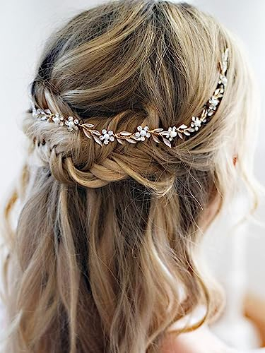 Haarschmuck Hochzeit Boho Braut Haarschmuck Haardraht Damen Kommunion Haarschmuck mit Blätter Kristall Brautschmuck Haare Blumen Kopfschmuck Braut für Frauen Brautjung Mädchen - Gold