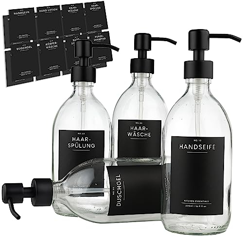 MONOKO 4er Set Seifenspender Glas - Spülmittelspender Küche - Shampoo Flaschen zum Befüllen - Duschgel Spender 500ml Transparent + Edelstahl Pumpkopf