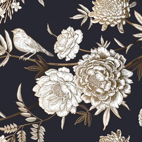 Wallercity Navy Blue Floral Wallpapers Gold Roses Peel and Stick Wallpaper Vintage Light Black Contact Paper Self Adhesive Wall Paper for Shelf Liner Vinyl Roll for Kitchen Cabinets 17.5''x118''