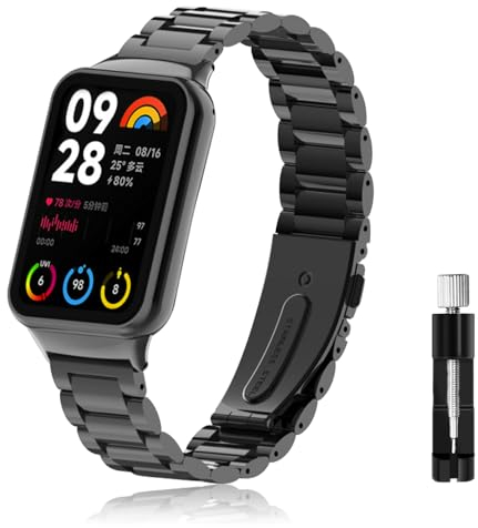 LanQii Armband Kompatibel mit Xiaomi Smart Band 8 Pro/Xiaomi Band 8 Pro, Edelstahl Metall Ersatz Uhrenarmband Damen Herren Ersatzarmband für Xiaomi Band 8 Pro -Schwarz