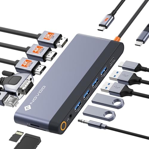 NOVOO Docking Station Double Moniteur, Hub USB C Dual HDMI 4K 60Hz, Displayport, VGA, Gigabit Ethernet, PD 100W, USB x5, SD/TF et 3.5mm Audio, Station d'accueil pour MacBook HP Lenovo Dell