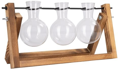 Ideen mit Herz Lot de 3 vases en verre dans un support en bois - Vase à fleurs et décoration de table - Dimensions des vases : diamètre 6,5 cm, hauteur 10 cm - Support en bois : 27 cm de large -