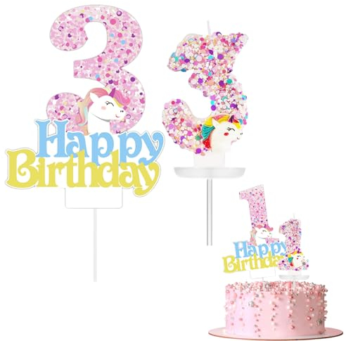 Happy 3rd Birthday Unicorn Cake Topper & Candle Set, Cupcake Toppers, Cake Decorations for Girls' 3rd Birthday Unicorn Theme Party