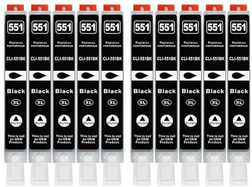 10 XXL Druckerpatronen kompatibel zu CLI-551 BK Schwarz für Canon PIXMA IP7250 IP8750 MG5450 MG5550 MG5650 MG6350 MG6450 MG6650 MG7150 MG7550 MX725 MX925 IX6850