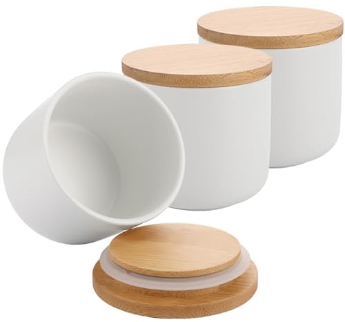 MEIDIV Set of 3 Tea Sugar Coffee Canisters White, Ceramic Tea Coffee Sugar Containers, Kitchen Storage Containers with Bamboo Lid