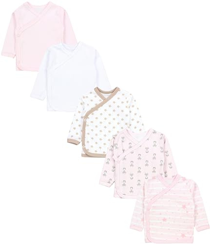 TupTam Baby Mädchen Langarm Wickelshirt Baumwolle 5er Set, Farbe: Fuchs Rosa Streifen Sterne Weiß Beige, Größe: 74
