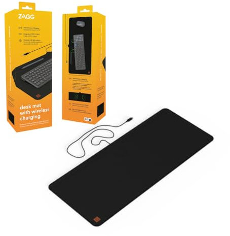 ZAGG Wireless Fast Charger Desk Mat [10W] for All Wireless Charged Devices [Phones, Keyboards, Pens, and More], Integrated USB-C cable, Pen-Grooves, Premium Surface, Non-Slip Base (Black)