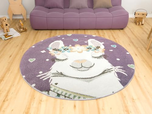 AKCILA Lima Runder Kinderteppich Lila Creme mit Lama und Blumenkranz | Runder Teppich für das Kinderzimmer, Kinderteppich für das Mädchen- oder Jungenzimmer, In vielen Größen erhältlich