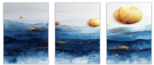 JOSUE Set 3 Teilig Leinwandbilder Abstrakt Runder Berg Leinwandbilder Wohnzimmer,Blau, Gelb Bild Moderne Wandbilder Wohnzimmer Schlafzimmer Wanddeko-50x70cm Ungerahmt